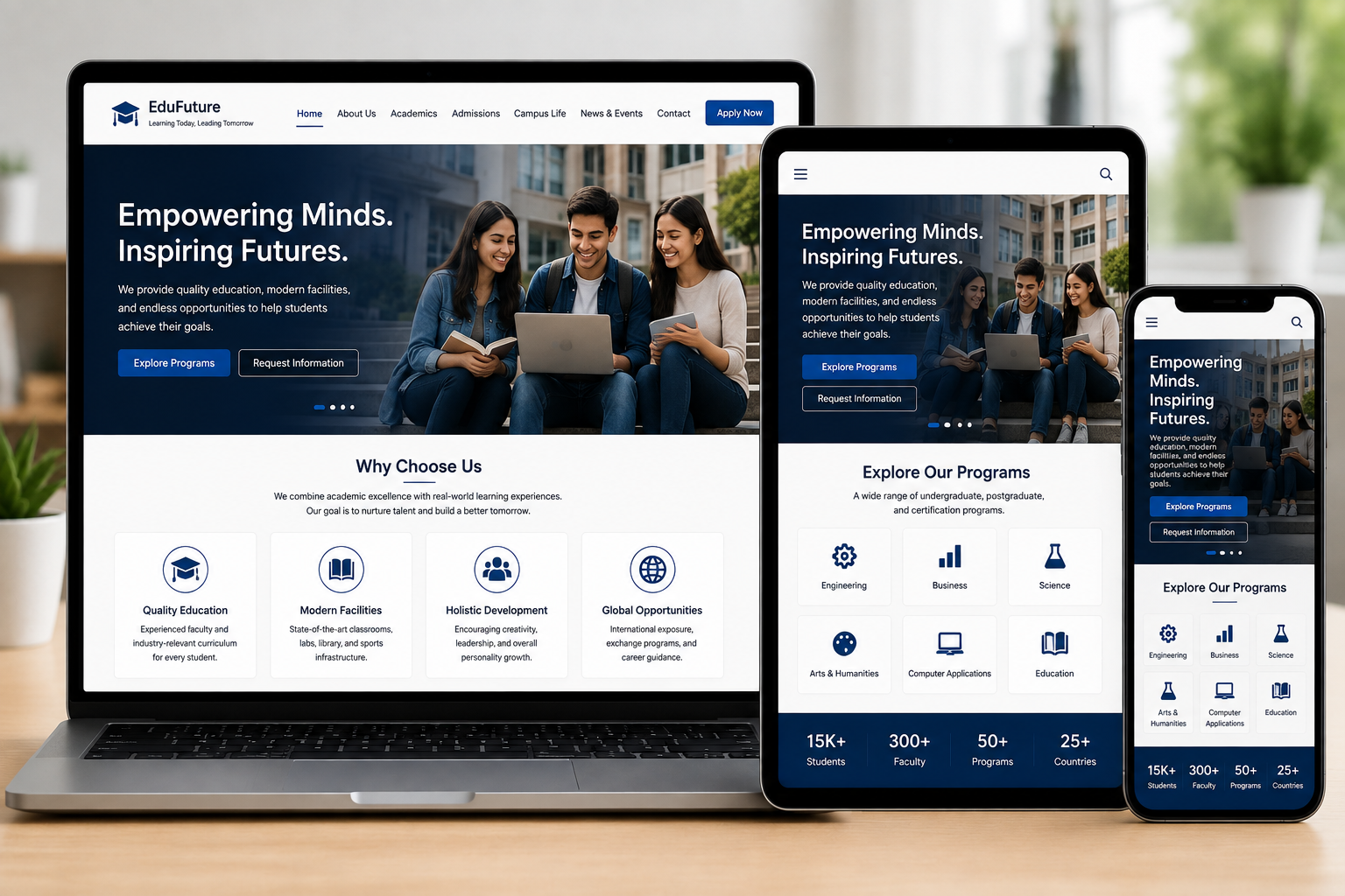 Responsive WordPress education website displayed across desktop tablet and mobile devices