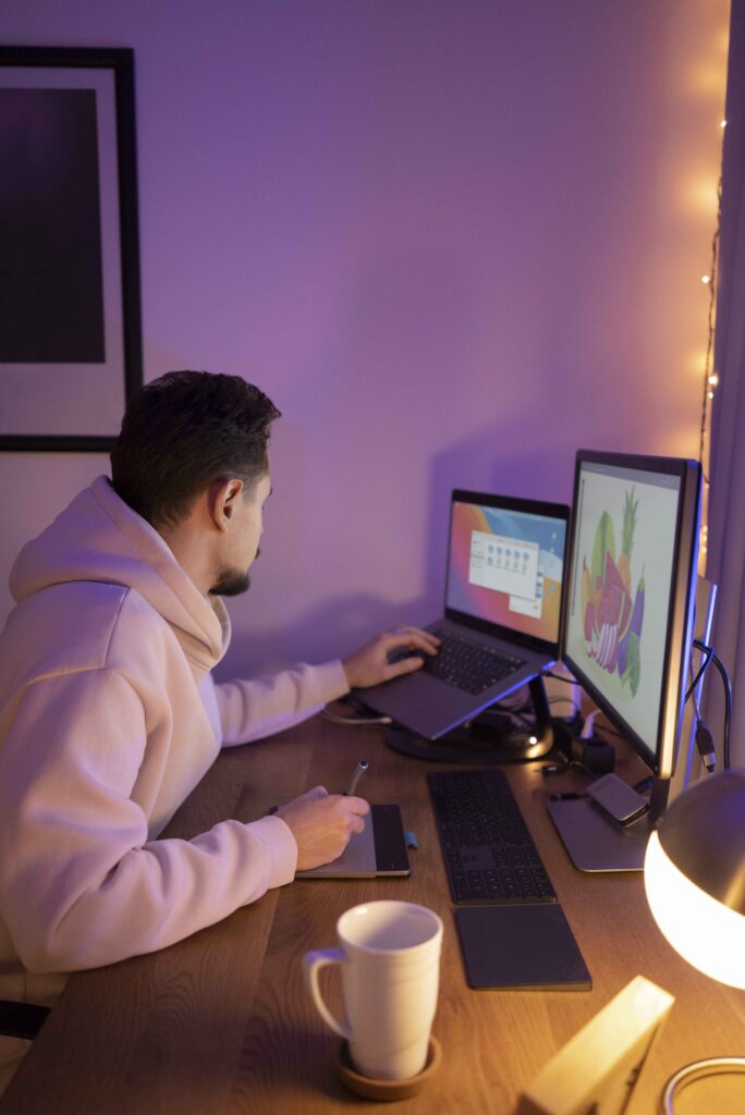 person working night in home